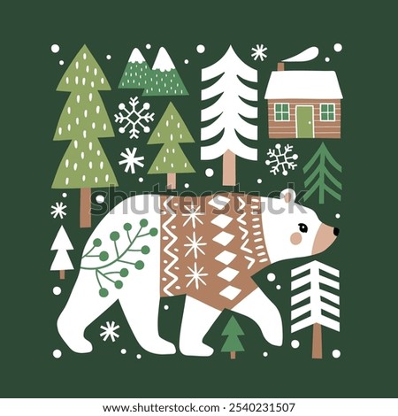 Scandinavian Christmas illustration with cute bear, woods and snowflakes. Hand drawn Nordic forest illustration. Perfect for tee shirt logo, greeting card, poster or print design. EPS10 vector.