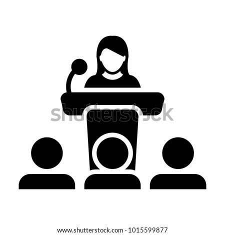 Public Speaking Icon Vector Female Person on Podium for Presentation and Seminar for People with Microphone in Glyph Pictogram Symbol illustration