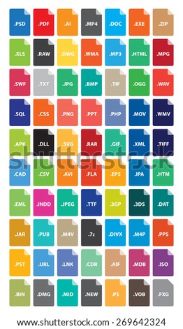 File Format Icons - Document Type, Extension Flat Color Vector illustration
