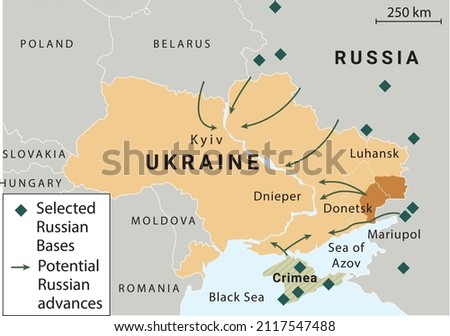 Russia and the US in Ukraine and the Middle East. Ukraine crisis map. Ukraine and Russia military conflict. Geopolitical concept illustration. Stockfoto © 