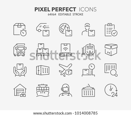 Thin line icons set of logistics and transportation. Outline symbol collection. Editable vector stroke. 64x64 Pixel Perfect.