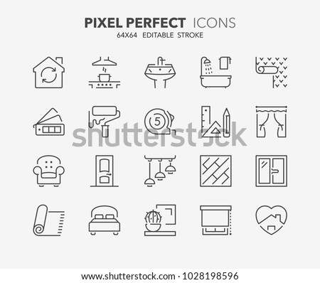 Thin line icons set of decoration and interior design. Outline symbol collection. Editable vector stroke. 64x64 Pixel Perfect.