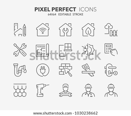 Thin line icons set of renovation, improvement and repair. Outline symbol collection. Editable vector stroke. 64x64 Pixel Perfect.