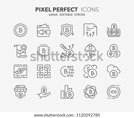 Thin line icons set of crypto currency. Outline symbol collection. Editable vector stroke. 64x64 Pixel Perfect.