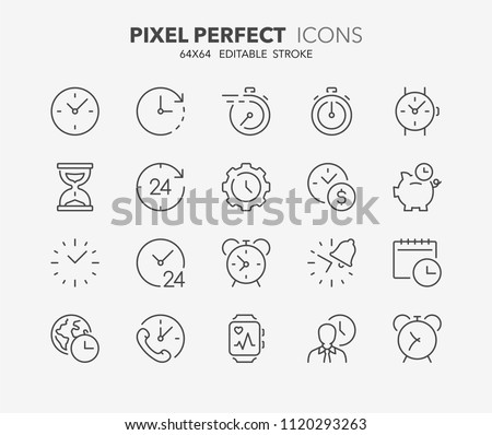 Thin line icons set of time and clocks. Outline symbol collection. Editable vector stroke. 64x64 Pixel Perfect.