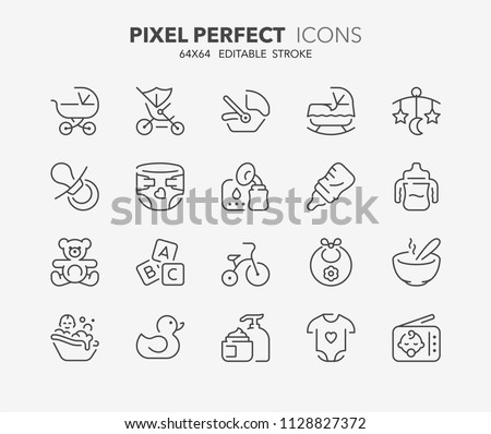 Thin line icons set of babies accessories and lactation. Outline symbol collection. Editable vector stroke. 64x64 Pixel Perfect.