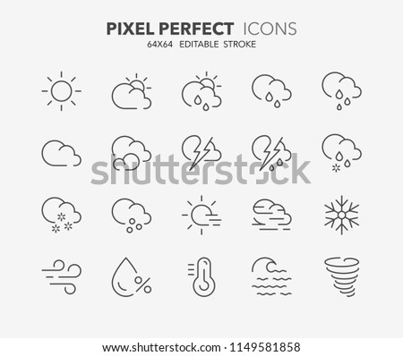 Thin line icons set of weather. Outline symbol collection. Editable vector stroke. 64x64 Pixel Perfect.