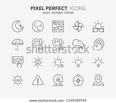 Thin line icons set of weather. Outline symbol collection. Editable vector stroke. 64x64 Pixel Perfect.