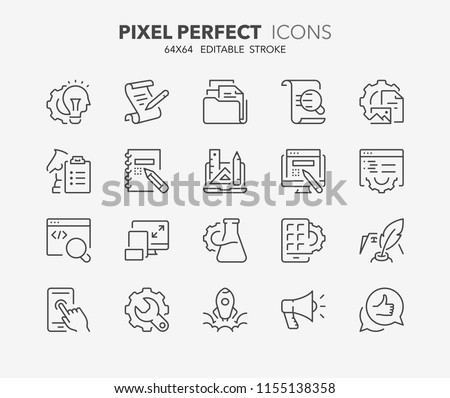 Thin line icons set of website development process. Outline symbol collection. Editable vector stroke. 64x64 Pixel Perfect.