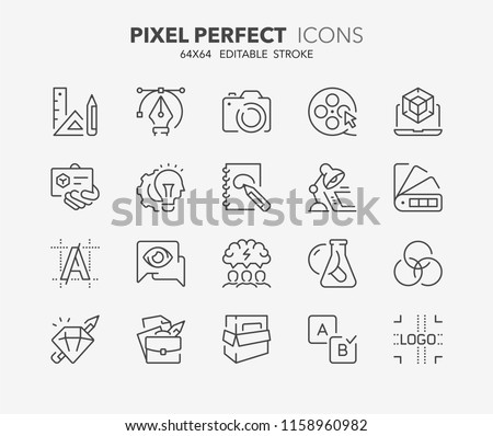 Thin line icons set of graphic design and creative process. Outline symbol collection. Editable vector stroke. 64x64 Pixel Perfect.