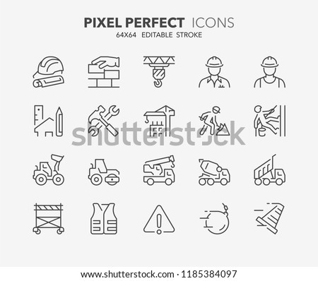 Thin line icons set of construction and architecture. Outline symbol collection. Editable vector stroke. 64x64 Pixel Perfect.