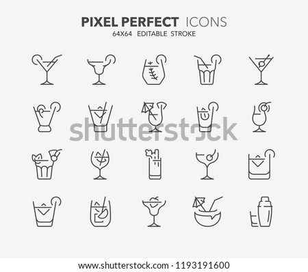 Thin line icons set of classic alcoholic cocktails. Outline symbol collection. Editable vector stroke. 64x64 Pixel Perfect.