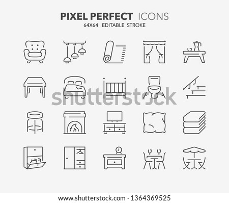 Thin line icons set of furniture, drapery and home textiles. Outline symbol collection. Editable vector stroke. 64x64 Pixel Perfect.