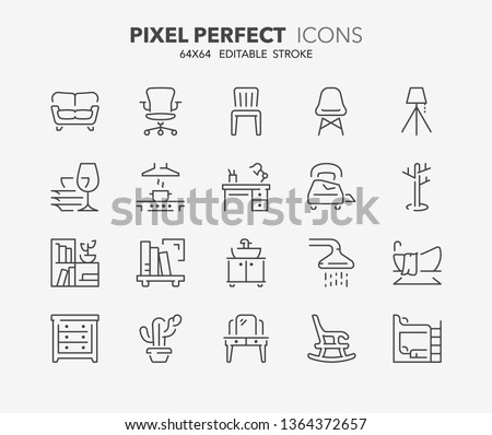 Thin line icons set of furniture, drapery and home textiles. Outline symbol collection. Editable vector stroke. 64x64 Pixel Perfect.