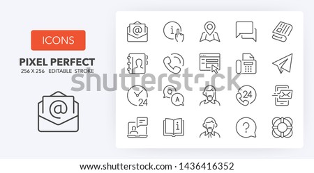 Set of thin line icons of contact and support services. Outline symbol collection. Editable vector stroke. 256x256 Pixel Perfect scalable to 128px, 64px...