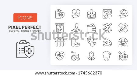 Health insurance coverage thin line icon set. Outline symbol collection. Editable vector stroke. 256x256 Pixel Perfect scalable to 128px, 64px...