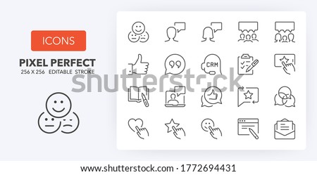 Testimonials and customer relationship management thin line icon set. Outline symbol collection. Editable vector stroke. 