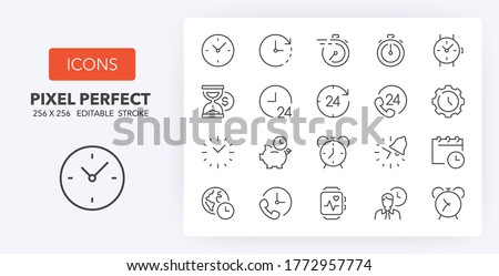 Time concepts and clocks thin line icon set. Outline symbol collection. Editable vector stroke. 256x256 Pixel Perfect scalable to 128px, 64px...