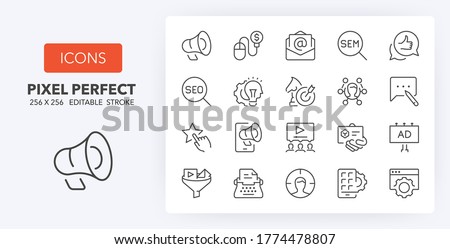 Marketing, advertising and promotional campaigns thin line icon set. Outline symbol collection. Editable vector stroke. 256x256 Pixel Perfect scalable to 128px, 64px...