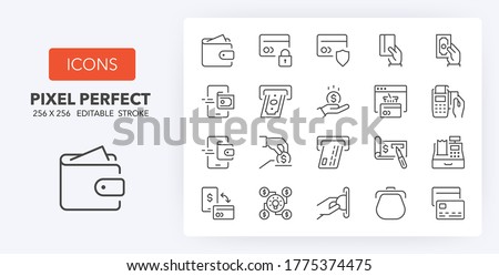 Money and payment methods  thin line icon set. Outline symbol collection. Editable vector stroke. 256x256 Pixel Perfect scalable to 128px, 64px...