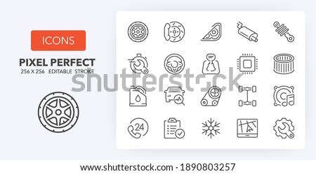 Car repair-maintenance services and auto parts. Thin line icon set. Outline symbol collection. Editable vector stroke. 256x256 Pixel Perfect scalable to 128px, 64px...
