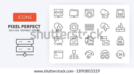 Hosting and cloud computing networks concepts thin line icon set. Outline symbol collection. Editable vector stroke. 256x256 Pixel Perfect scalable to 128px, 64px...