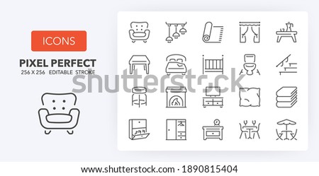 Furniture, drapery and home textiles. Thin line icon set. Outline symbol collection. Editable vector stroke. 256x256 Pixel Perfect scalable to 128px, 64px...