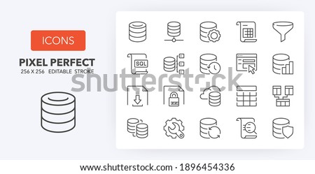 Database and data technology concepts. Thin line icon set. Outline symbol collection. Editable vector stroke. 256x256 Pixel Perfect scalable to 128px, 64px...