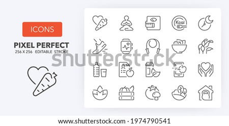 Healthy lifestyle. Thin line icon set. Outline symbol collection. Editable vector stroke. 