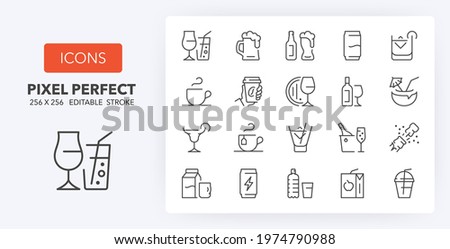 Beverages. Thin line icon set. Outline symbol collection. Editable vector stroke. 