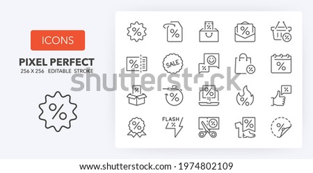 Discounts and offers. Thin line icon set. Outline symbol collection. Editable vector stroke. 