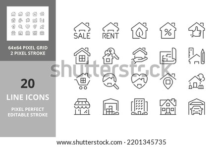 Set of thin line icons of houses and real estate services. Outline symbol collection. Editable vector stroke. 64 and 256 Pixel Perfect scalable to 128px