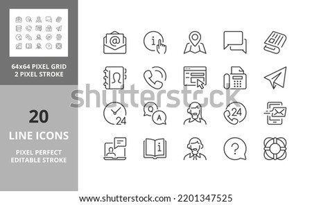 Set of thin line icons of contact and support services. Outline symbol collection. Editable vector stroke. 64 and 256 Pixel Perfect scalable to 128px