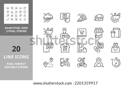 Food delivery thin line icon set. Outline symbol collection. Editable vector stroke. 64 and 256 Pixel Perfect scalable to 128px