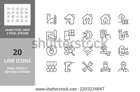 Home renovation, improvement and repair thin line icon set. Outline symbol collection. Editable vector stroke. 64 and 256 Pixel Perfect scalable to 128px