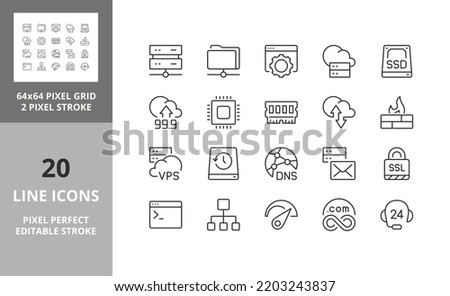 Hosting and cloud computing networks concepts. Thin line icon set. Outline symbol collection. Editable vector stroke. 64 and 256 Pixel Perfect scalable to 128px