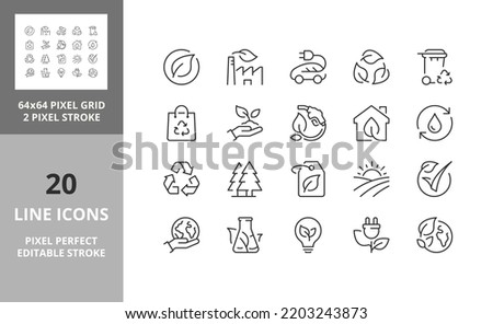 Ecology, environment and sustainability concepts, thin line icon set. Outline symbol collection. Editable vector stroke. 64 and 256 Pixel Perfect scalable to 128px