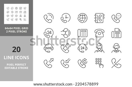 Support and phone calls. Thin line icon set. Outline symbol collection. Editable vector stroke. 64 and 256 Pixel Perfect scalable to 128px