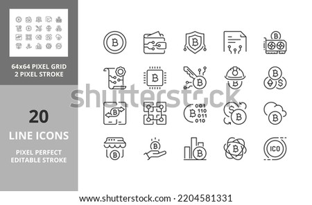 Crypto currency thin line icon set. Outline symbol collection. Editable vector stroke. 64 and 256 Pixel Perfect scalable to 128px