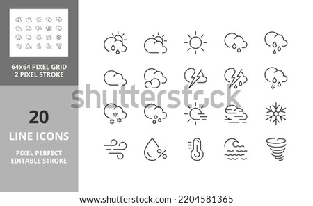 Weather. Thin line icon set. Outline symbol collection. Editable vector stroke. 64 and 256 Pixel Perfect scalable to 128px