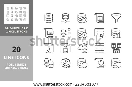 Database and data technology concepts. Thin line icon set. Outline symbol collection. Editable vector stroke. 64 and 256 Pixel Perfect scalable to 128px
