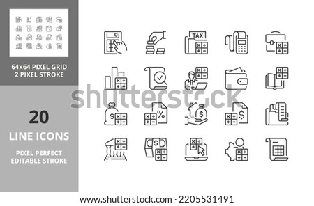 Accounting, finances conceps. Thin line icon set. Outline symbol collection. Editable vector stroke. 64 and 256 Pixel Perfect scalable to 128px