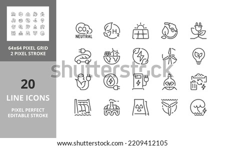 Green energy, ecology concepts. Contains such icons as CO2 neutral, solar, geothermal and wind energy, hydropower, biofuel and biomass. thin line icon set. Outline symbol collection. Editable vector.