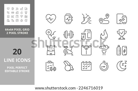 Line icons about fitness, gym and health care. Editable vector stroke. 64 and 256 Pixel Perfect scalable to 128px