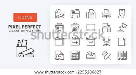 Office supplies. Thin line icon set. Outline symbol collection. Editable vector stroke. 256x256 Pixel Perfect scalable to 128px, 64px...