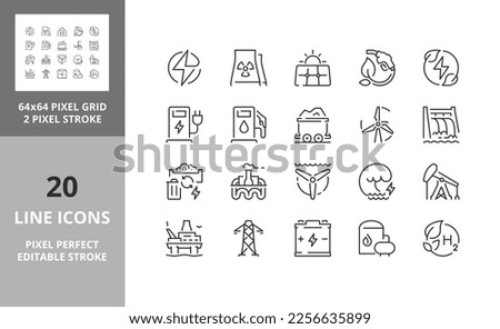 Line icons about energies. Editable vector stroke. 64 and 256 Pixel Perfect scalable to 128px