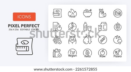 Diets and nutrition. Thin line icon set. Outline symbol collection. Editable vector stroke. 256x256 Pixel Perfect scalable to 128px, 64px...