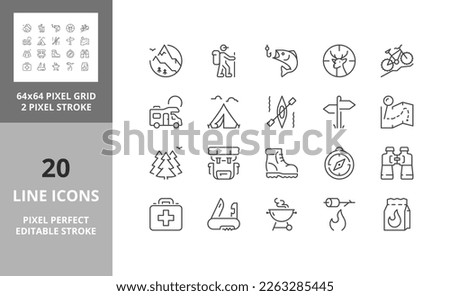 Line icons about outdoor and camping activities. Editable vector stroke. 64 and 256 Pixel Perfect scalable to 128px