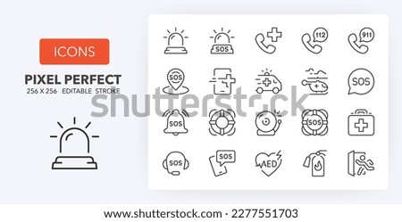 Set of thin line icons of emergency and rescue services. Outline symbol collection. Editable vector stroke. 256x256 Pixel Perfect scalable to 128px, 64px...