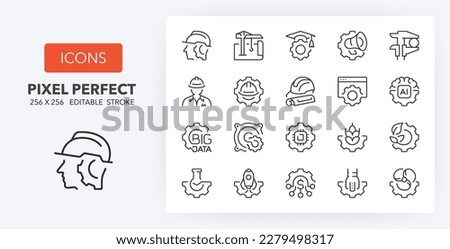 Set of thin line icons of engineering. Outline symbol collection. Editable vector stroke. 256x256 Pixel Perfect scalable to 128px, 64px...
